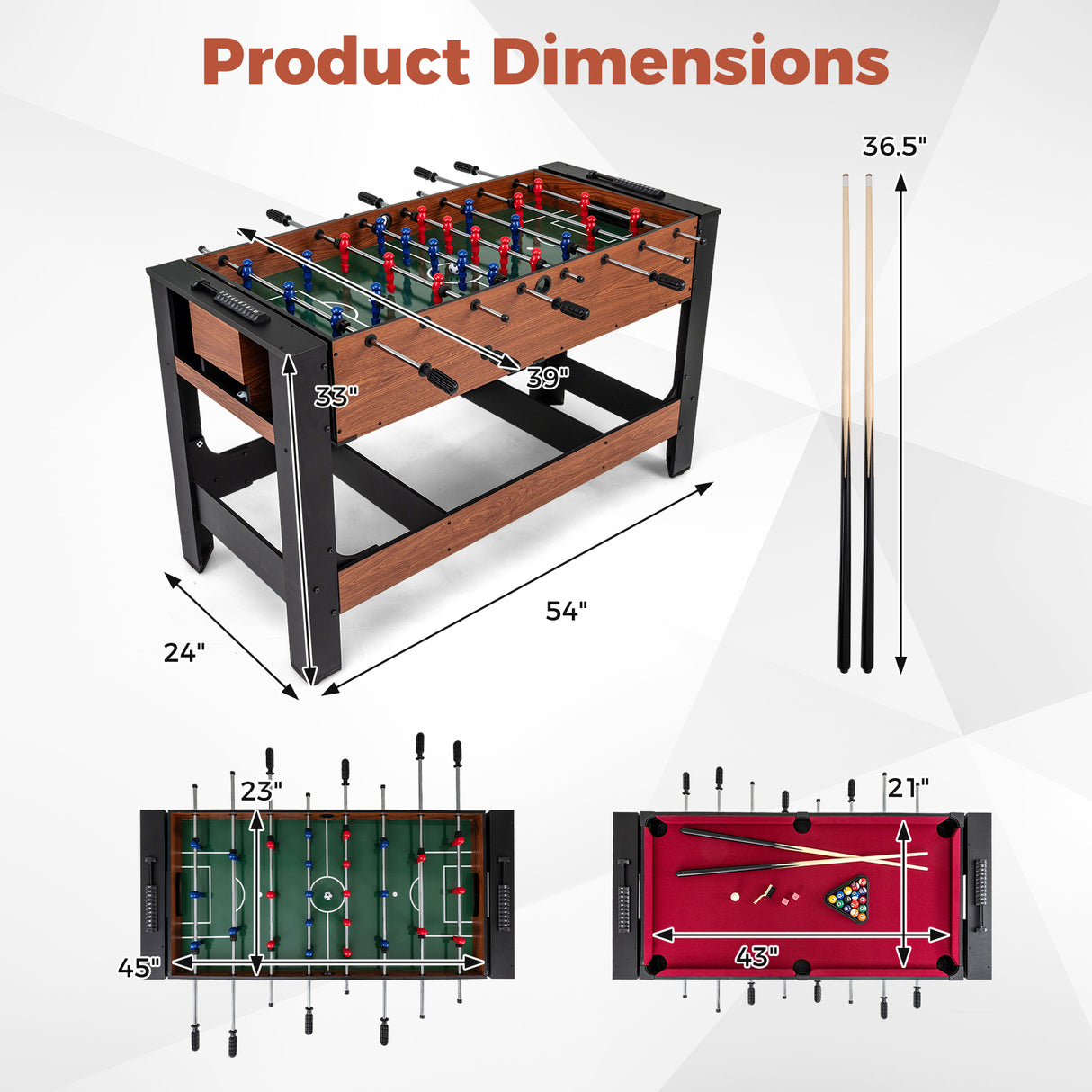 2-in-1 Full Size Foosball and Pool Combo Table with Legs-Black & Brown