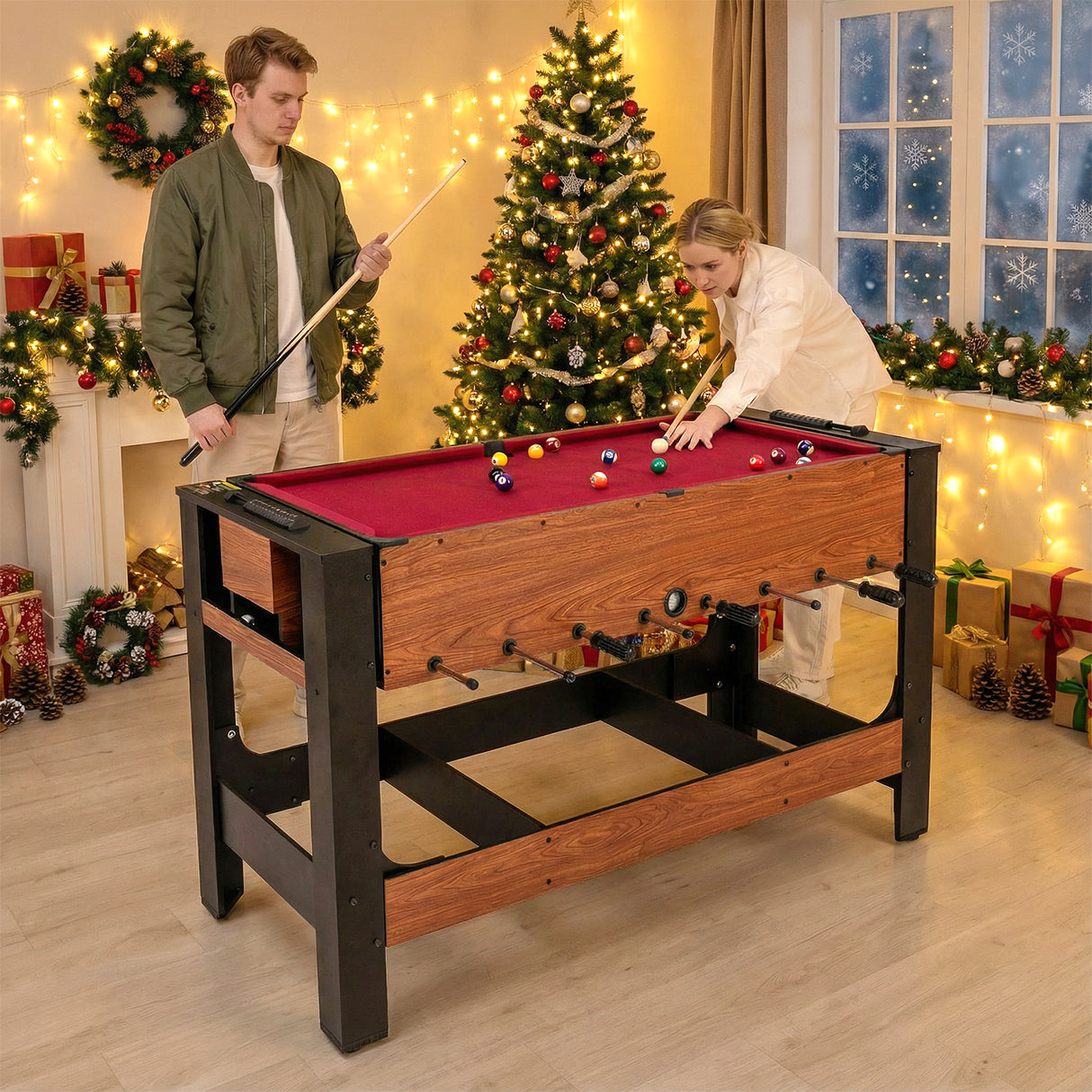 2-in-1 Full Size Foosball and Pool Combo Table with Legs-Black & Brown