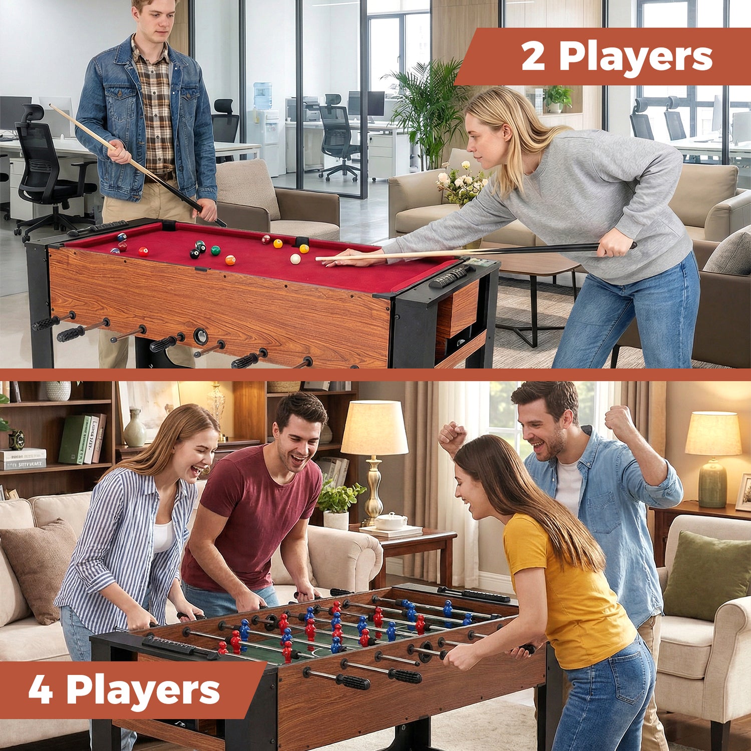 2-in-1 Full Size Foosball and Pool Combo Table with Legs-Black & Brown