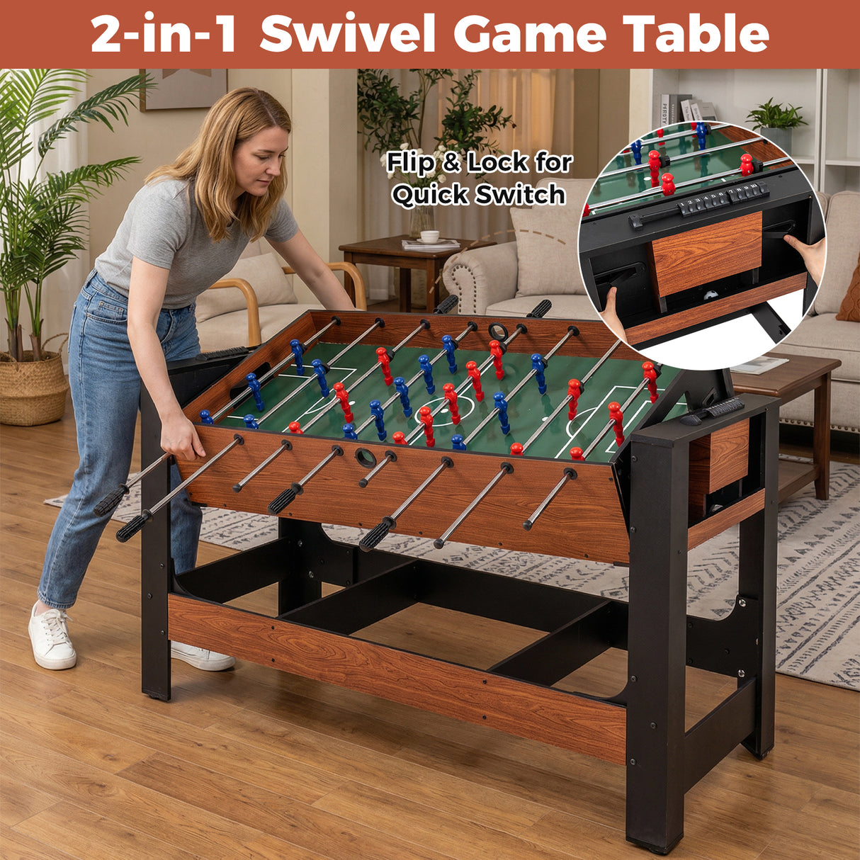 2-in-1 Full Size Foosball and Pool Combo Table with Legs-Black & Brown