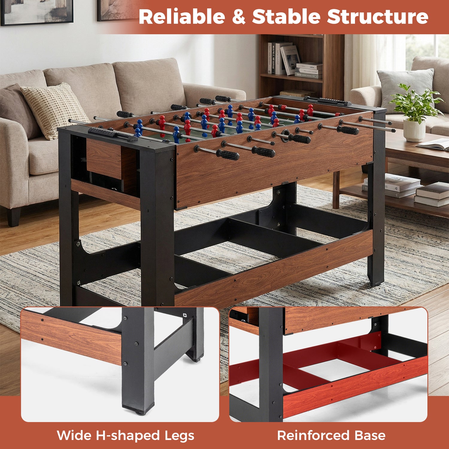 2-in-1 Full Size Foosball and Pool Combo Table with Legs-Black & Brown