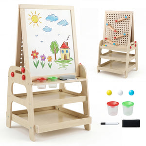 2-in-1 Kids Art Easel with Magnetic Whiteboard and Marble Run Game-Natural