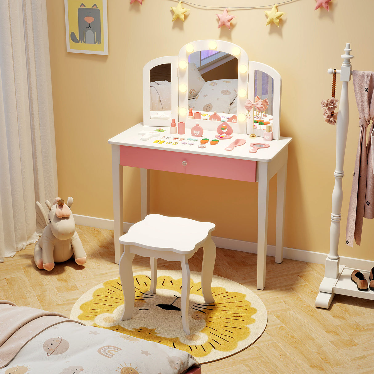 2-in-1 Kids Vanity Table Set with Tri-Folding Detachable Mirror and Lights-White