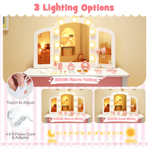 2-in-1 Kids Vanity Table Set with Tri-Folding Detachable Mirror and Lights-White