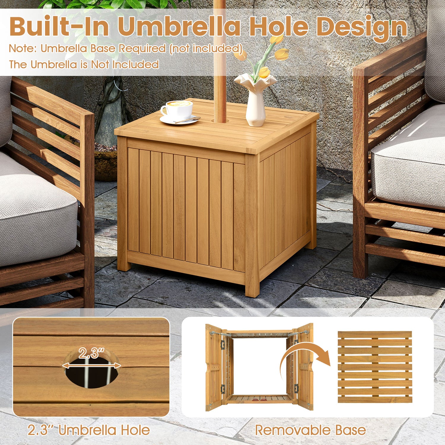 2-in-1 Outdoor Side Table with Storage Acacia Wood Slatted Coffee Table Square Slatted End Storage Box