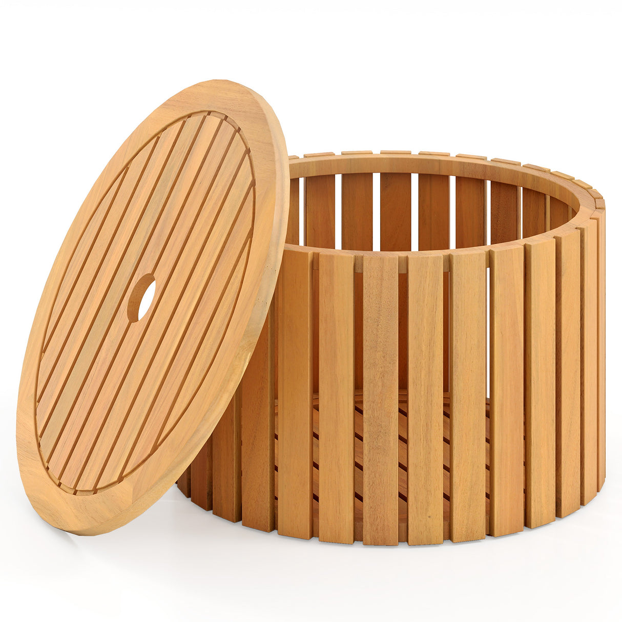 2-in-1 Outdoor Side Table with Storage Acacia Wood Slatted Coffee Table Round Slatted End Storage Box