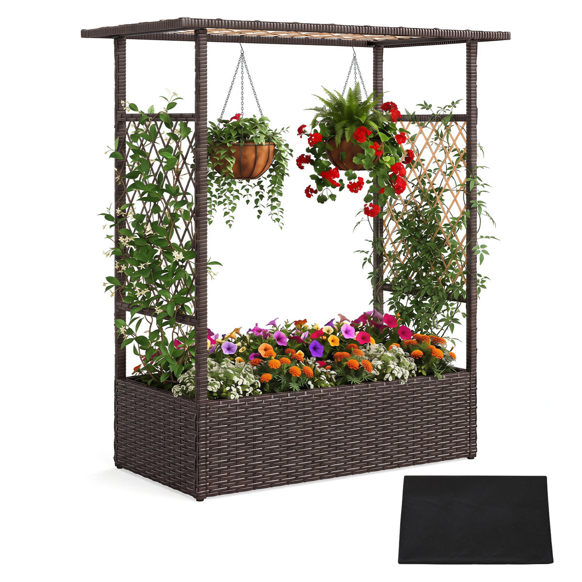 2-in-1 Raised Garden Bed with Hanging Roof and Trellises-Brown