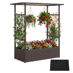 2-in-1 Raised Garden Bed with Hanging Roof and Trellises-Brown