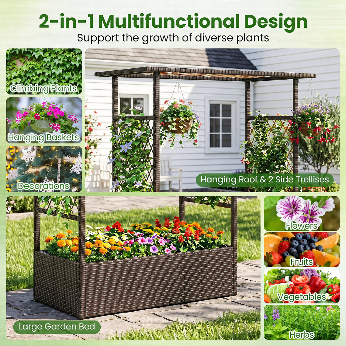 2-in-1 Raised Garden Bed with Hanging Roof and Trellises-Brown