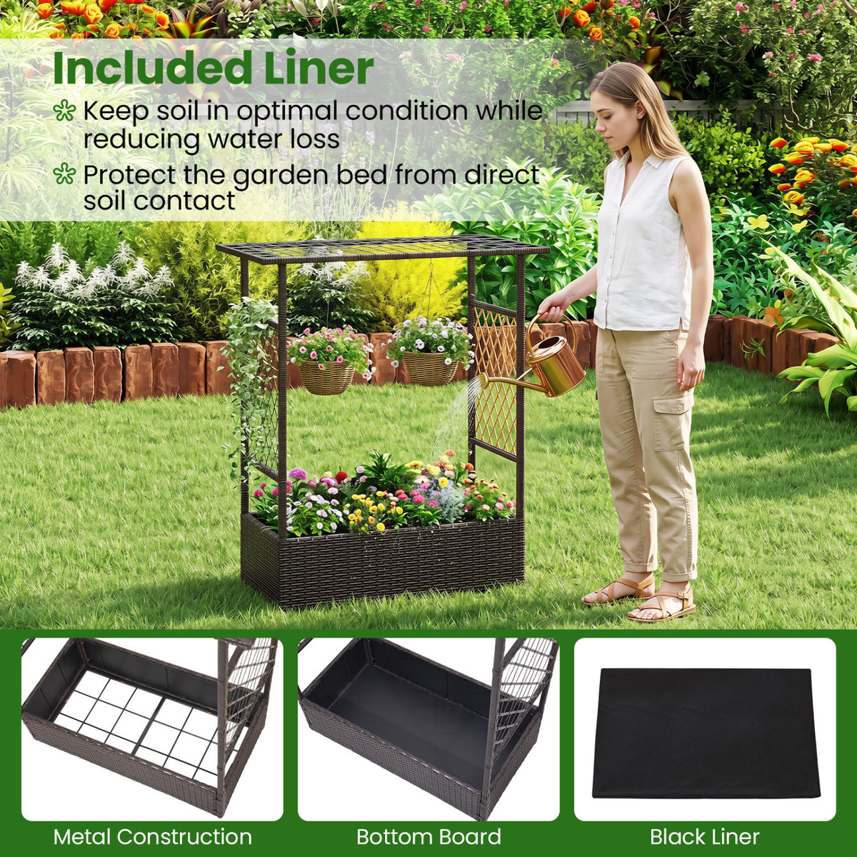 2-in-1 Raised Garden Bed with Hanging Roof and Trellises-Brown