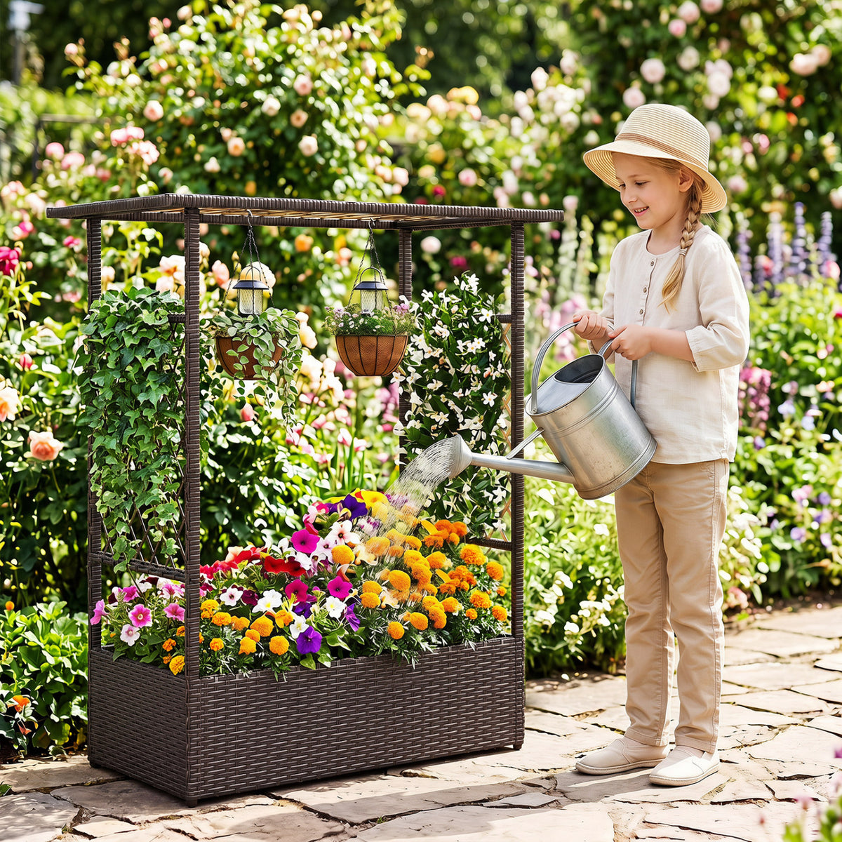 2-in-1 Raised Garden Bed with Hanging Roof and Trellises-Brown