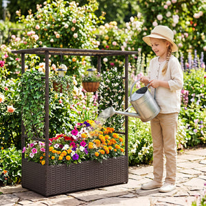 2-in-1 Raised Garden Bed with Hanging Roof and Trellises-Brown