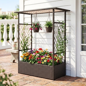 2-in-1 Raised Garden Bed with Hanging Roof and Trellises-Brown