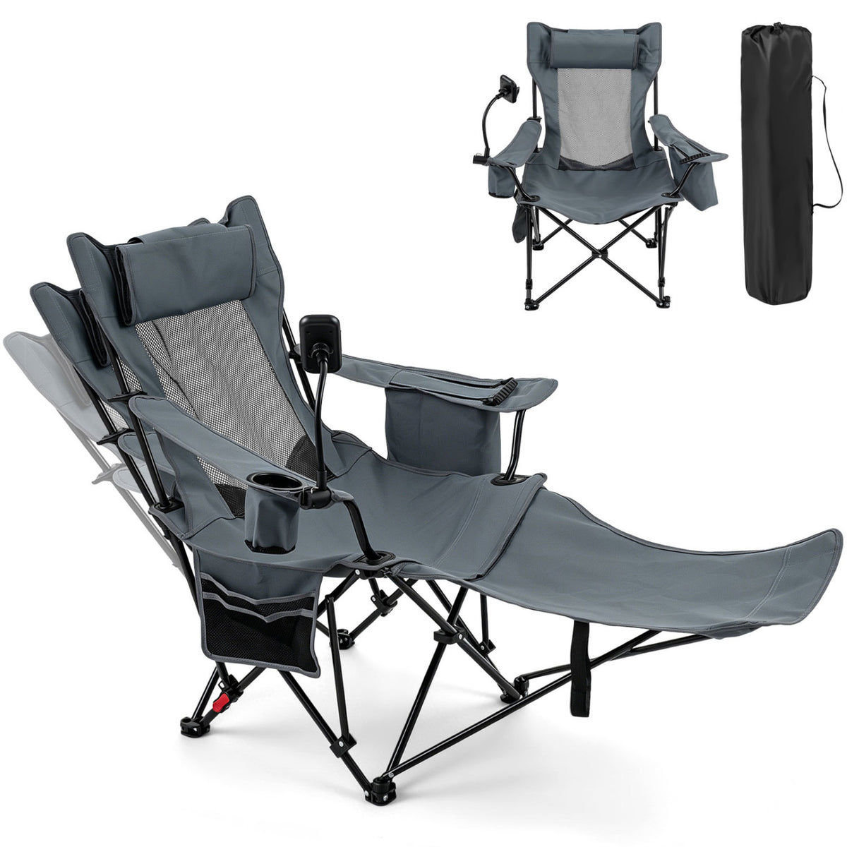 2-in-1 Reclining Camping Chair with 3-Level Adjustable Backrest-Gray