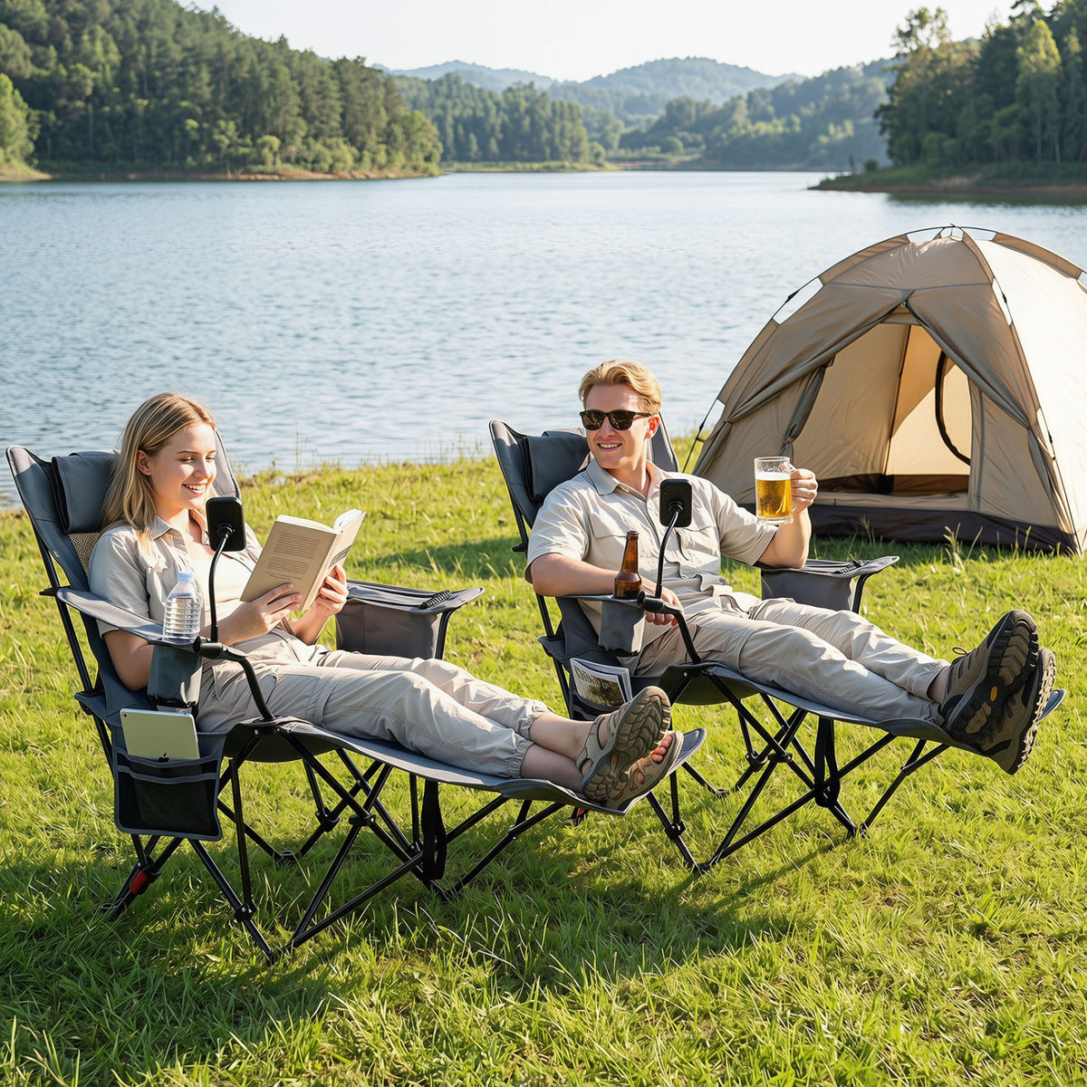 2-in-1 Reclining Camping Chair with 3-Level Adjustable Backrest-Gray