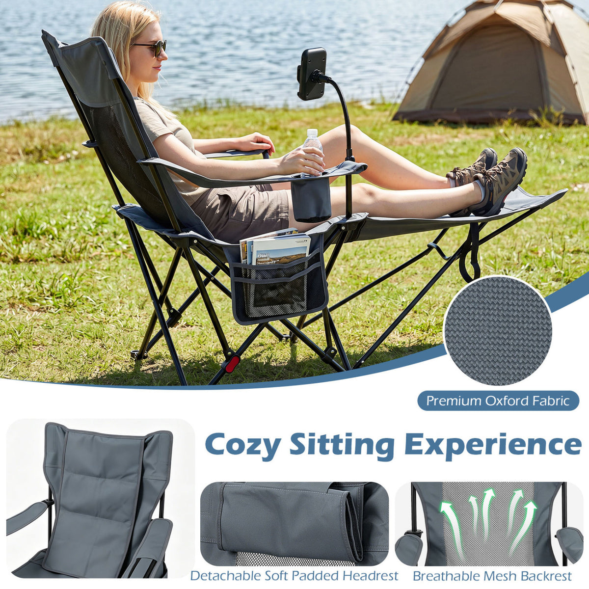 2-in-1 Reclining Camping Chair with 3-Level Adjustable Backrest-Gray