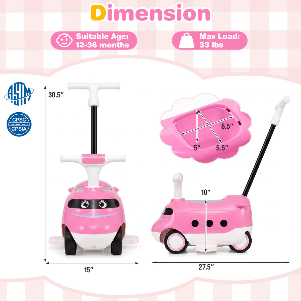 2-in-1 Ride On Push Car for Toddlers 1-3 Years Old with Horn-Pink