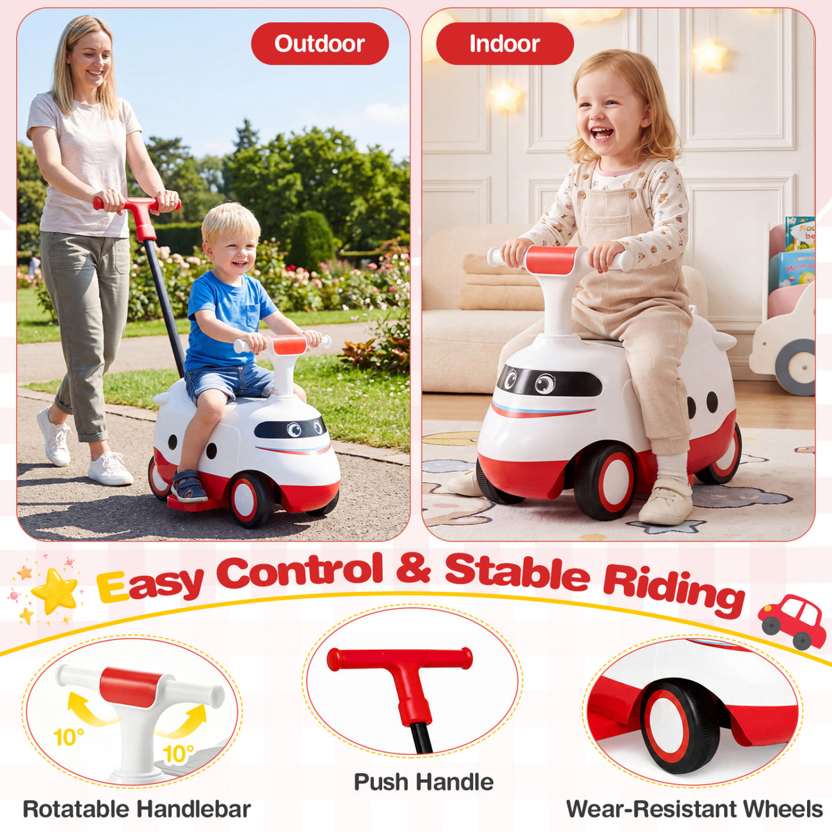 2-in-1 Ride On Push Car for Toddlers 1-3 Years Old Sliding Walker with Horn-Red