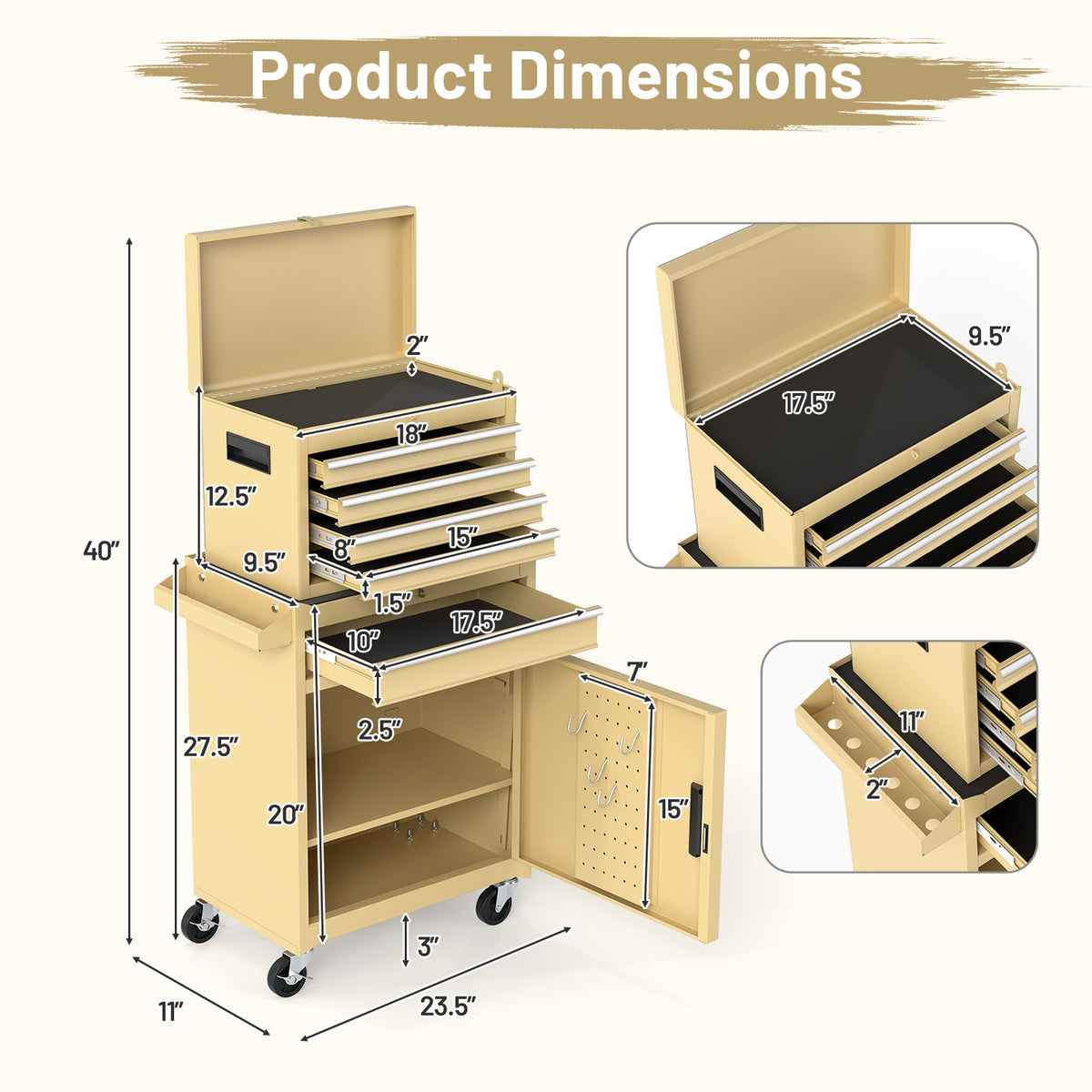 2-in-1 Rolling Tool Chest with 5 Sliding Lockable Drawers-Yellow