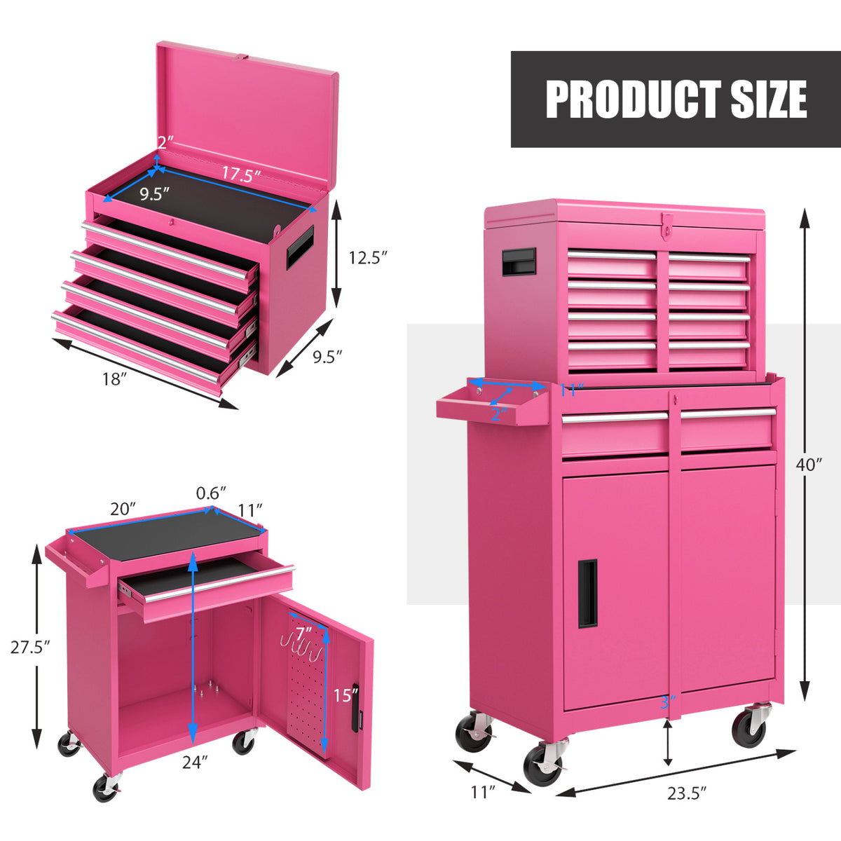 2-in-1 Rolling Tool Chest with 5 Sliding Lockable Drawers-Pink