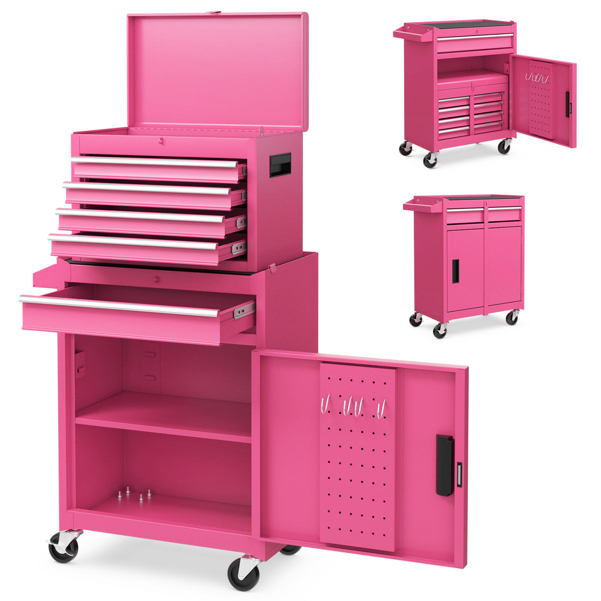 2-in-1 Rolling Tool Chest with 5 Sliding Lockable Drawers-Pink
