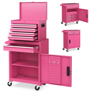 2-in-1 Rolling Tool Chest with 5 Sliding Lockable Drawers-Pink