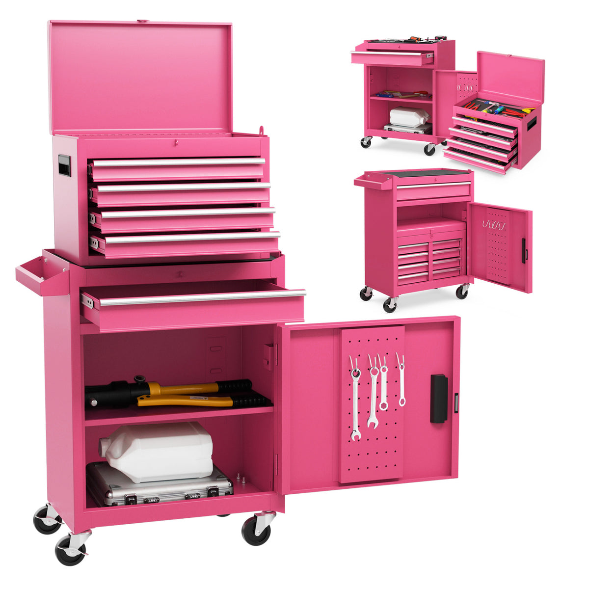 2-in-1 Rolling Tool Chest with 5 Sliding Lockable Drawers-Pink