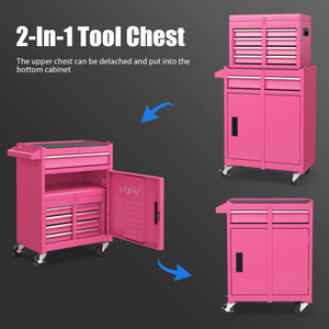 2-in-1 Rolling Tool Chest with 5 Sliding Lockable Drawers-Pink