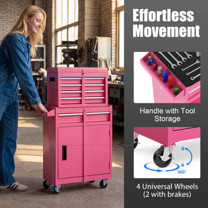2-in-1 Rolling Tool Chest with 5 Sliding Lockable Drawers-Pink