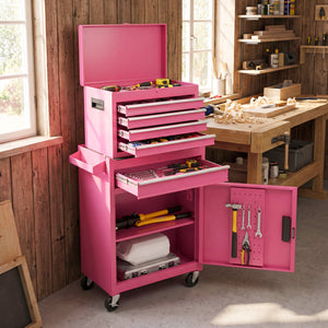2-in-1 Rolling Tool Chest with 5 Sliding Lockable Drawers-Pink