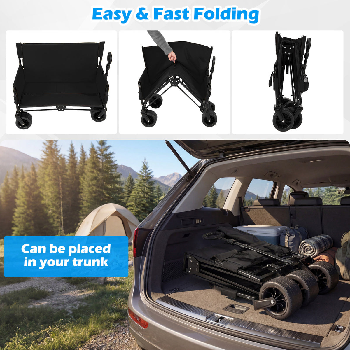 2-in-1 Wagon Bench Seat Combo Collapsible Beach Cart-Black