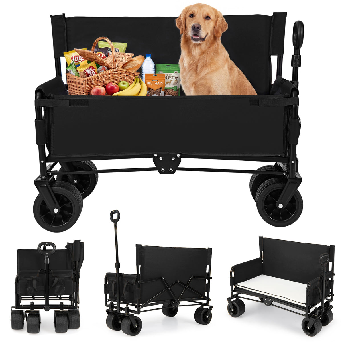 2-in-1 Wagon Bench Seat Combo Collapsible Beach Cart-Black