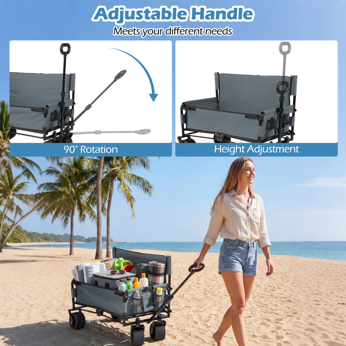 2-in-1 Wagon Bench Seat Combo Collapsible Beach Cart-Gray