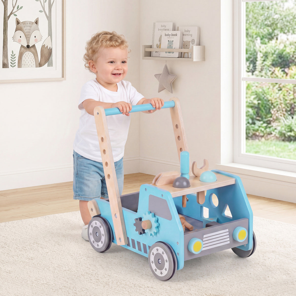 2-in-1 Wooden Baby Walker with Adjustable Speed and Bottom Storage-Blue