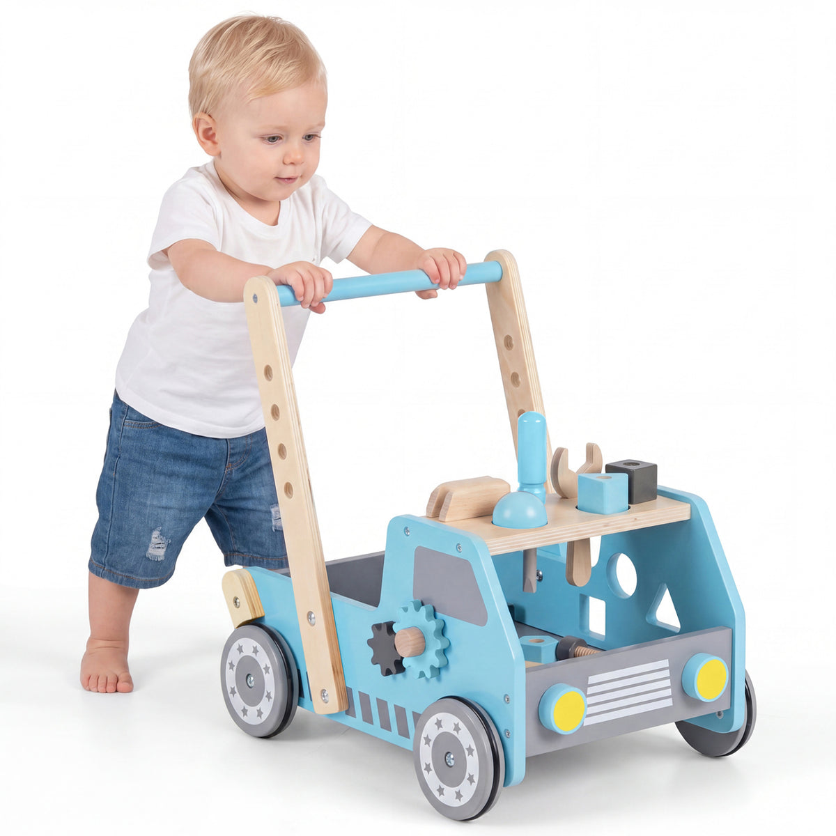 2-in-1 Wooden Baby Walker with Adjustable Speed and Bottom Storage-Blue