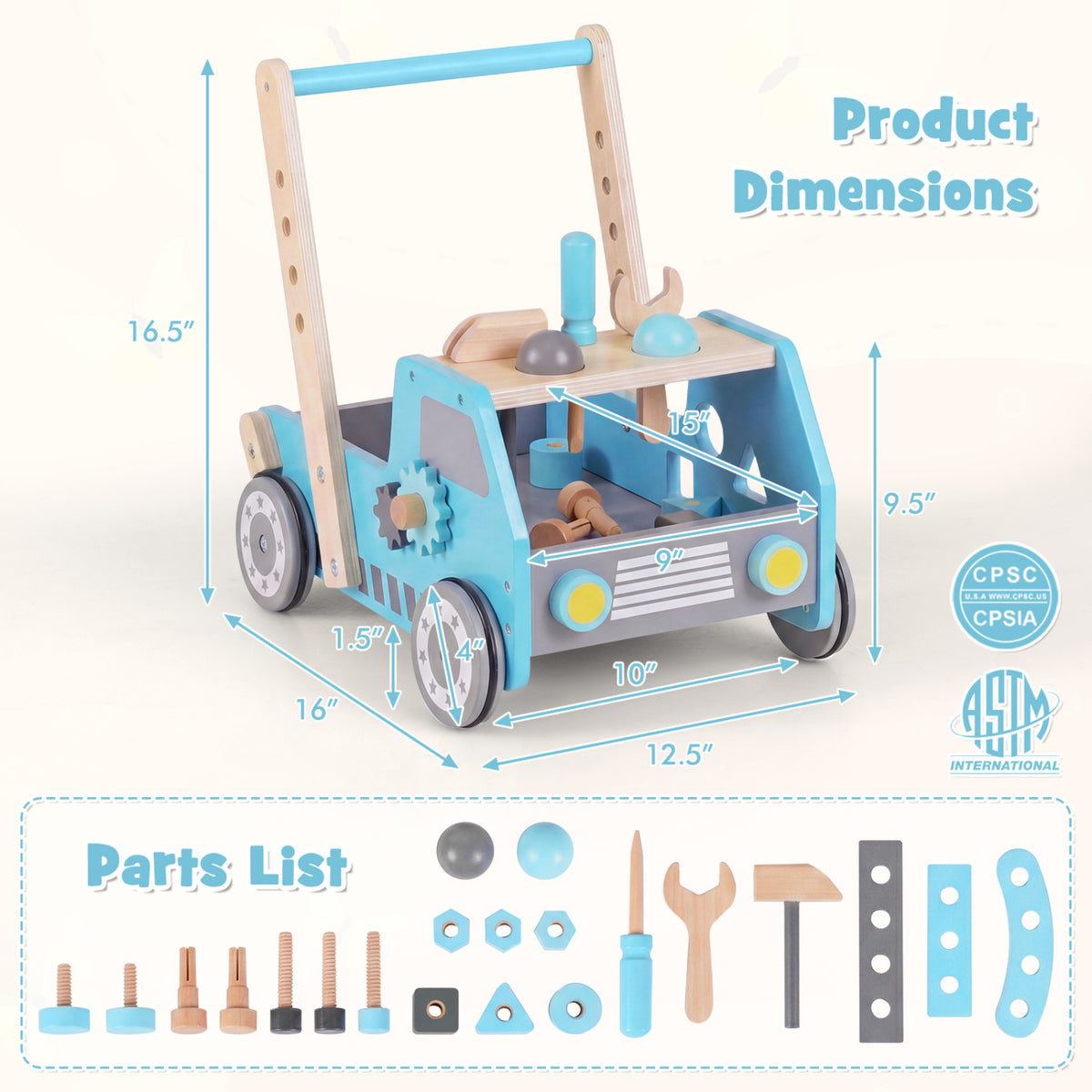 2-in-1 Wooden Baby Walker with Adjustable Speed and Bottom Storage-Blue