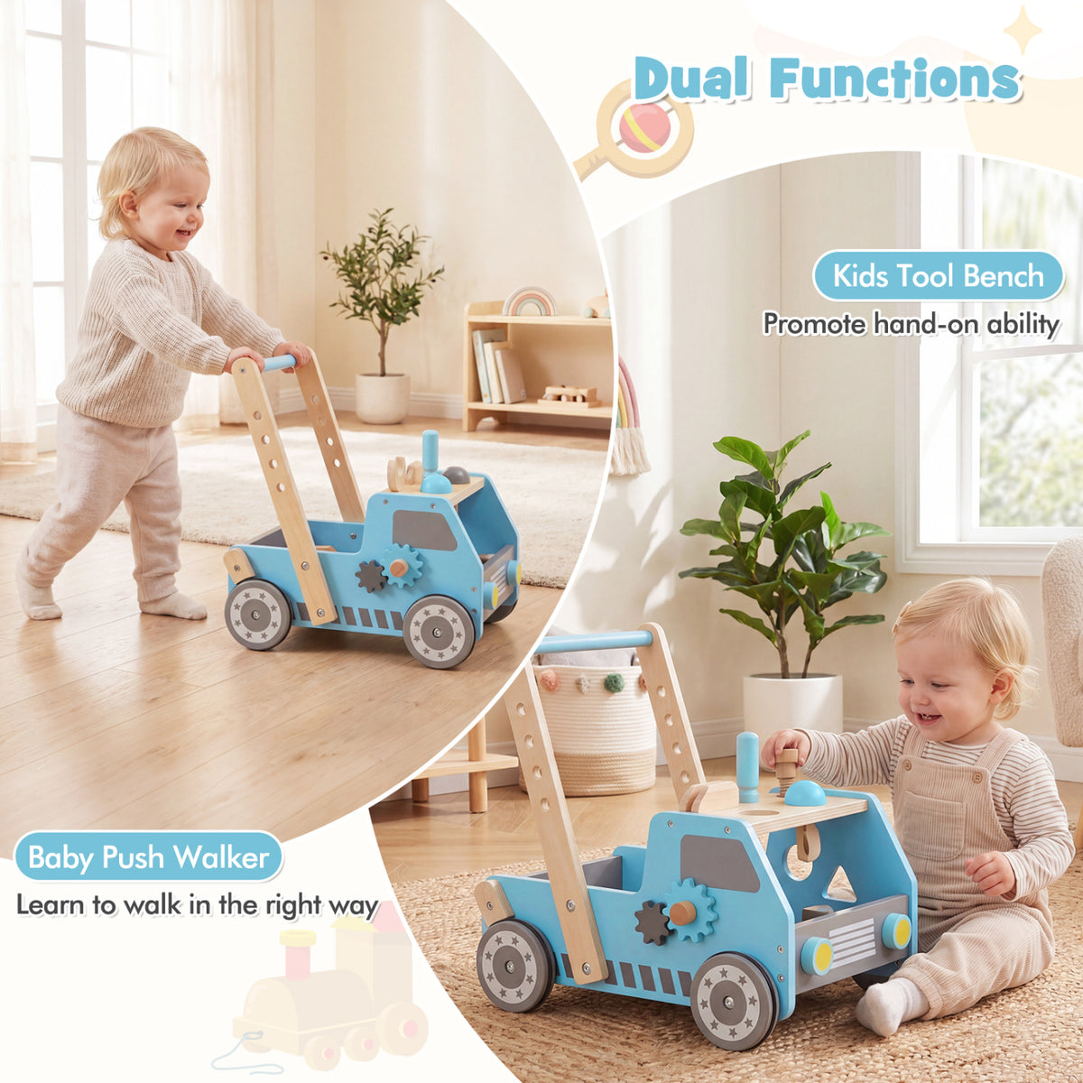 2-in-1 Wooden Baby Walker with Adjustable Speed and Bottom Storage-Blue