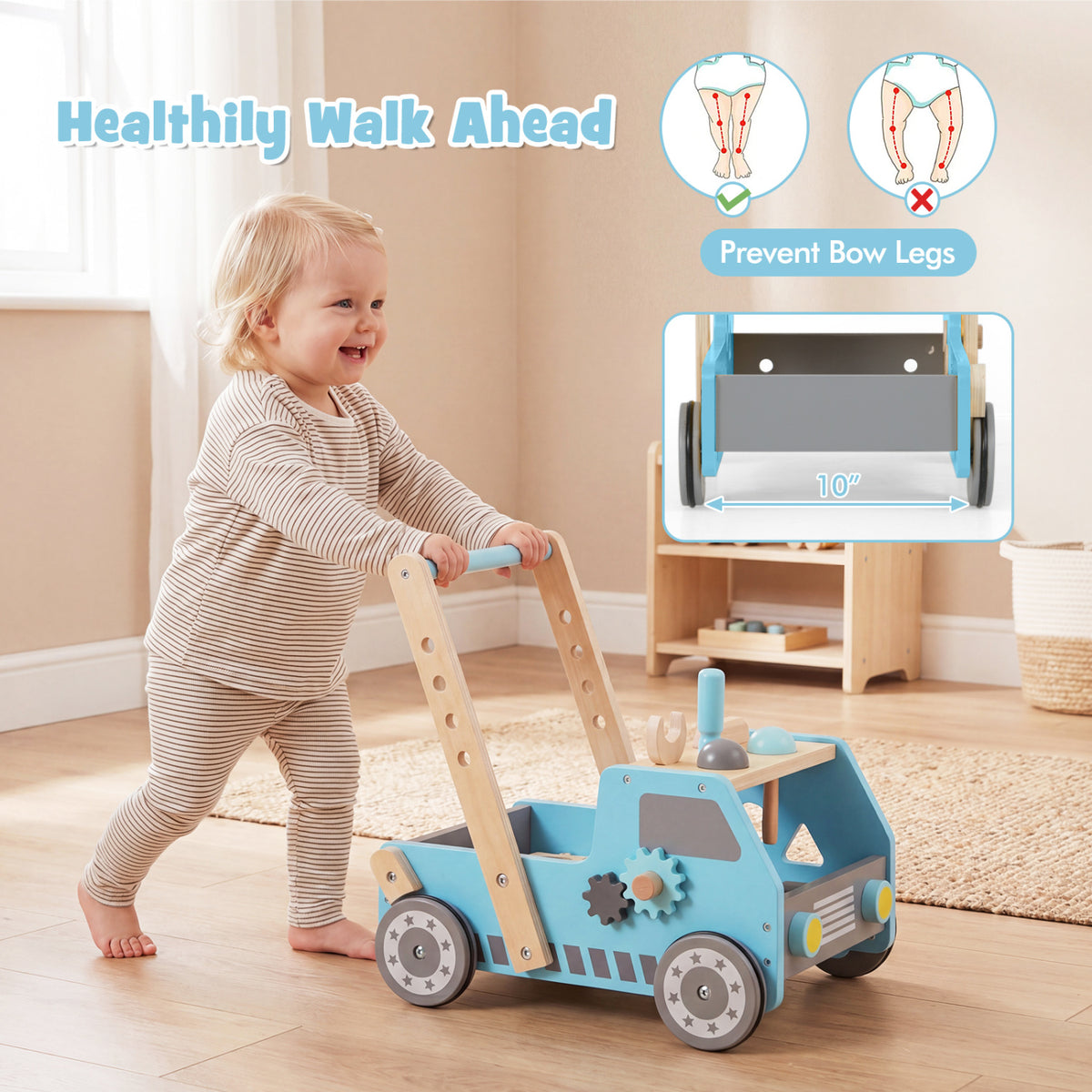 2-in-1 Wooden Baby Walker with Adjustable Speed and Bottom Storage-Blue