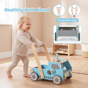 2-in-1 Wooden Baby Walker with Adjustable Speed and Bottom Storage-Blue