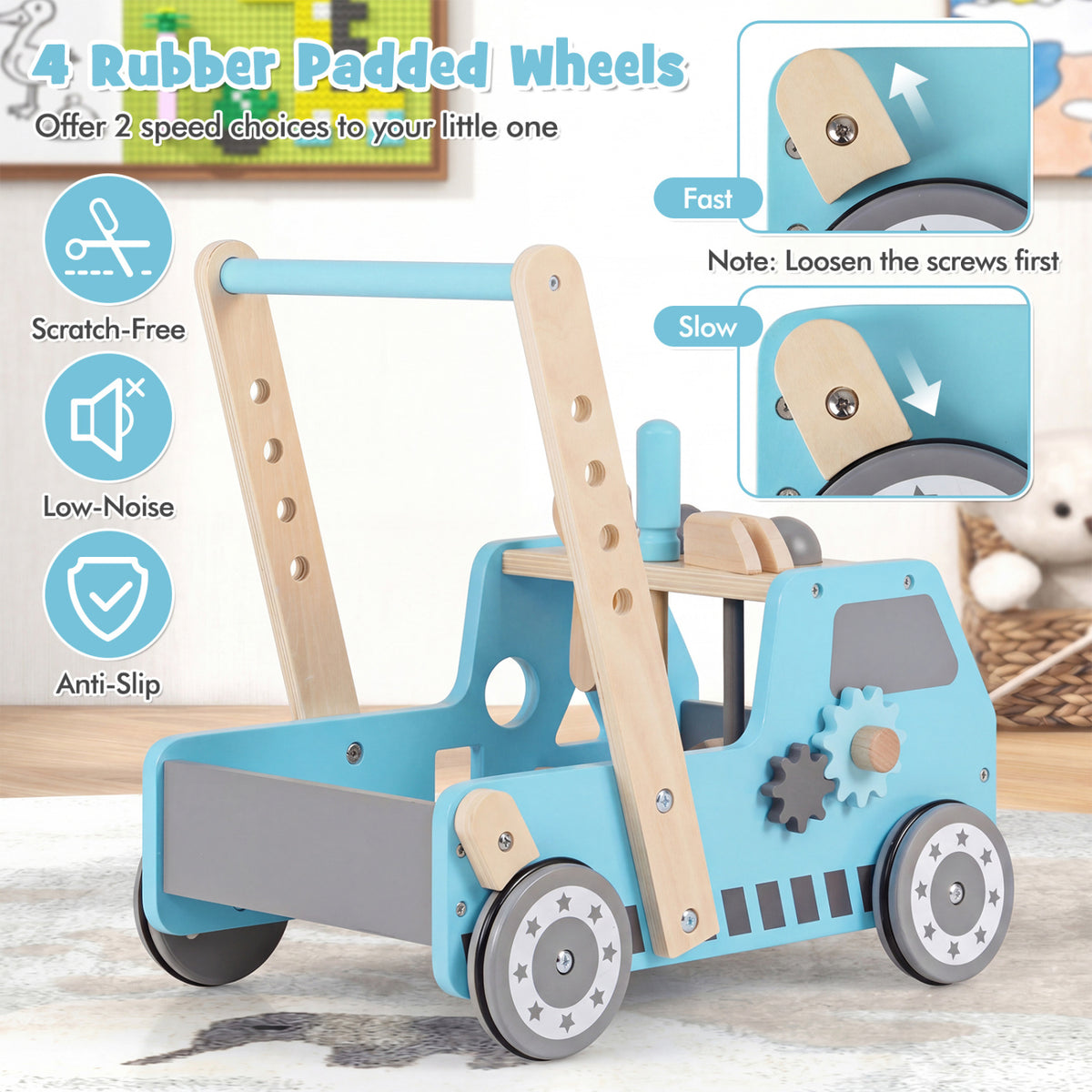 2-in-1 Wooden Baby Walker with Adjustable Speed and Bottom Storage-Blue