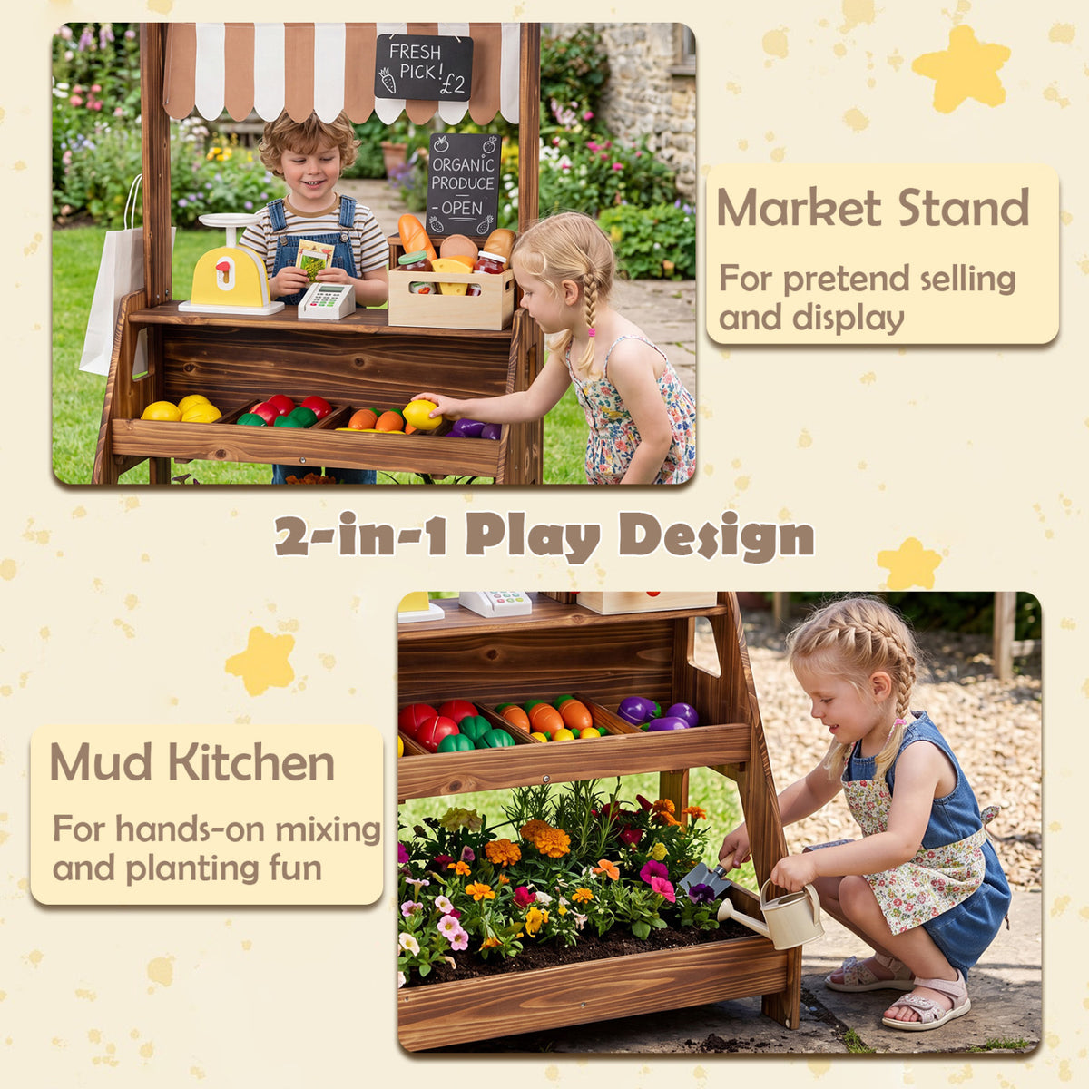 2-in-1 Wooden Mud Kitchen and Market Stand for Kids Outdoor with Planter Box and 2 Chalkboards-Brown