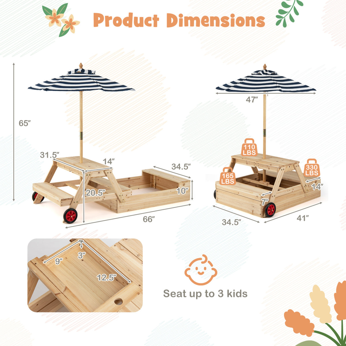2-in-1 Wooden Sandbox with Foldable Umbrella and Convertible Picnic Table-Blue