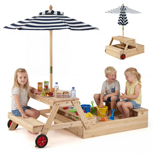 2-in-1 Wooden Sandbox with Foldable Umbrella and Convertible Picnic Table-Blue