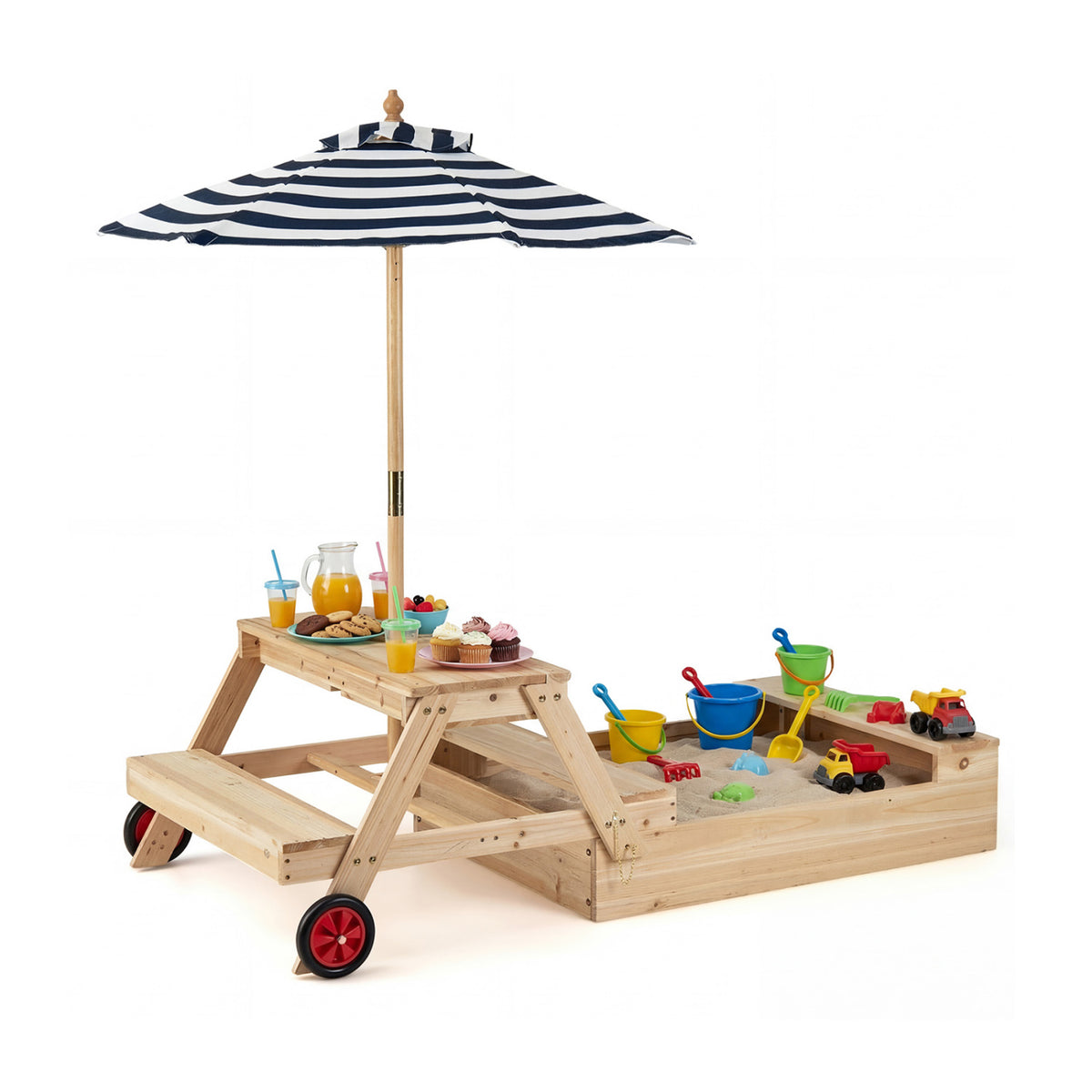 2-in-1 Wooden Sandbox with Foldable Umbrella and Convertible Picnic Table-Blue