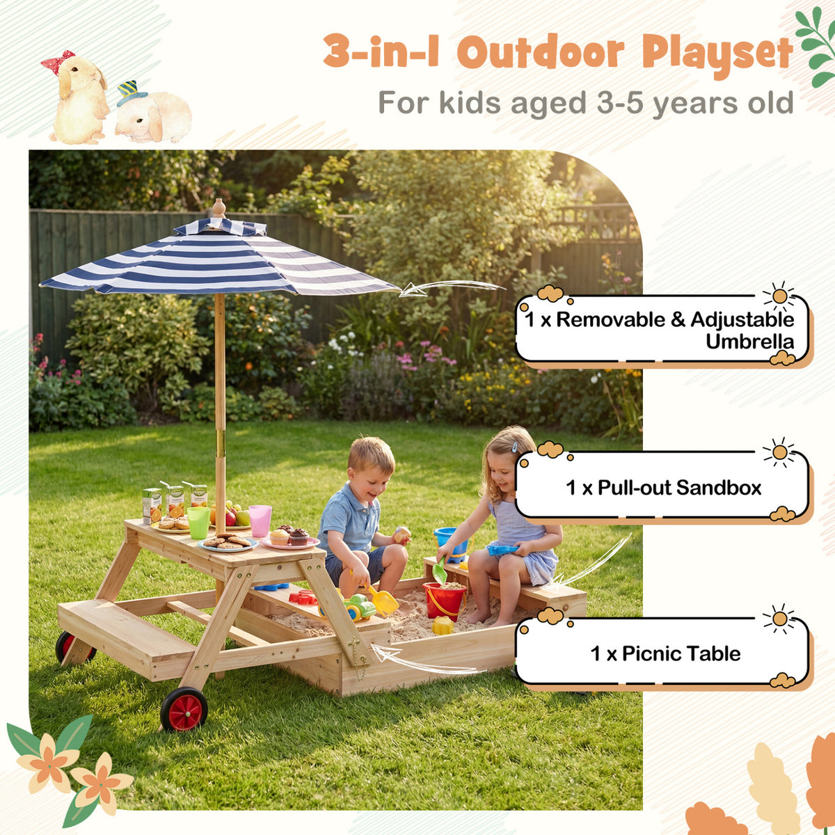 2-in-1 Wooden Sandbox with Foldable Umbrella and Convertible Picnic Table-Blue