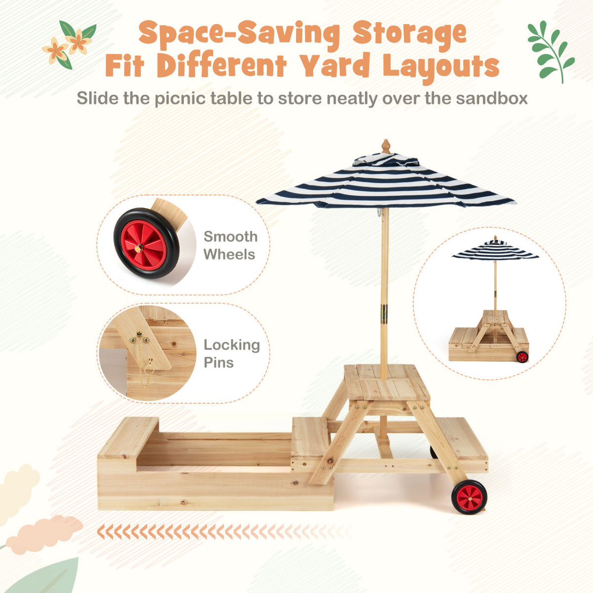 2-in-1 Wooden Sandbox with Foldable Umbrella and Convertible Picnic Table-Blue