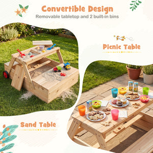 2-in-1 Wooden Sandbox with Foldable Umbrella and Convertible Picnic Table-Blue