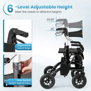 2-in-1 Foldable Rollator Walker with Seat abd 9 Inch Pneumatic Tires for Seniors-Black