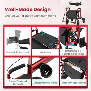 2-in-1 Foldable Rollator Walker with Seat abd 9 Inch Pneumatic Tires for Seniors-Red