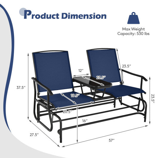 2-Person Double Rocking Loveseat with Mesh Fabric and Center Tempered Glass Table-Navy